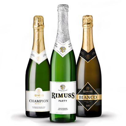 Die Leaderprodukte von Rimuss nebeneinander: Rimuss Party, Rimuss Champion Moscato, Rimuss Bianco Dry.